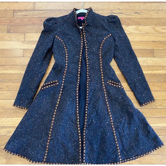 VTG Betsey Johnson Tweed Wool Military Long Coat Sz 2